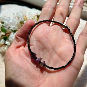 VTG, handmade, chipped amethyst and black seed bead bracelet, whimsigothic